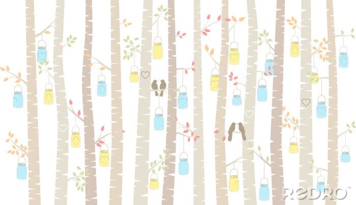 Papier peint  Bouleaux pastel avec lanternes