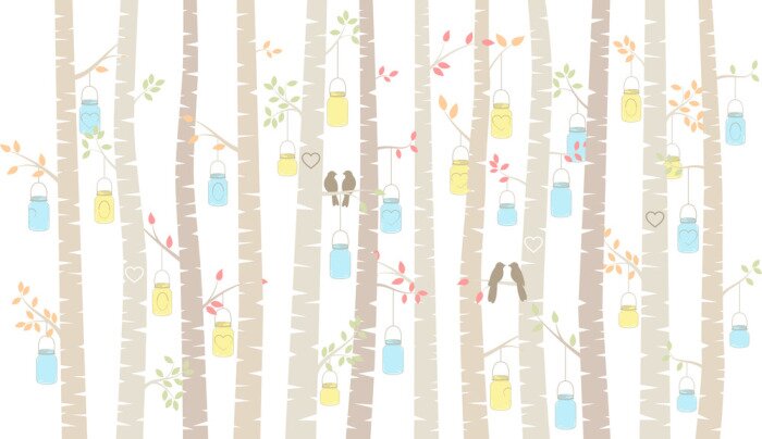 Papier peint  Bouleaux pastel avec lanternes