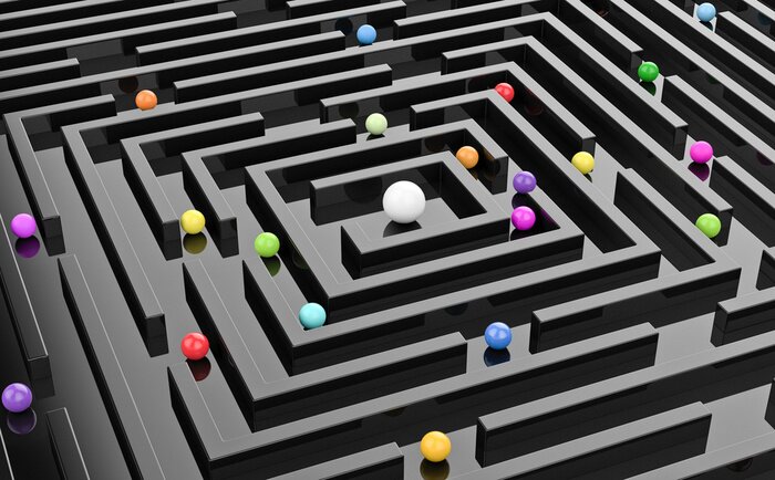 Papier peint  Boules colorées dans un labyrinthe noir