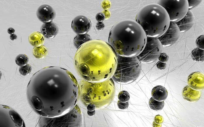 Papier peint  Boules noires et jaunes sur du métal