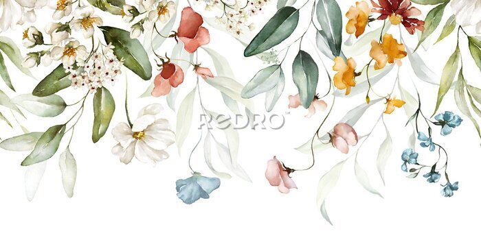 Papier peint  Bouquet border - green leaves and blush pink flowers on white background. Watercolor hand painted seamless border. Floral illustration. Foliage pattern.