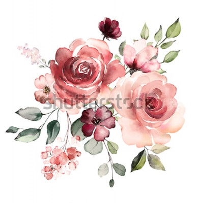 Papier peint  Bouquet de roses et feuilles aquarelle
