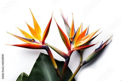 Papier peint  Bouquet of bird of paradise Strelitzia reginae flower plant with leaves isolated on white background. 3D rendering. Flat lay, top view. macro closeup