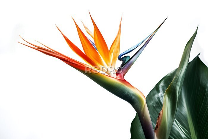 Papier peint  Bouquet of bird of paradise Strelitzia reginae flower plant with leaves isolated on white background. 3D rendering. Flat lay, top view. macro closeup	
