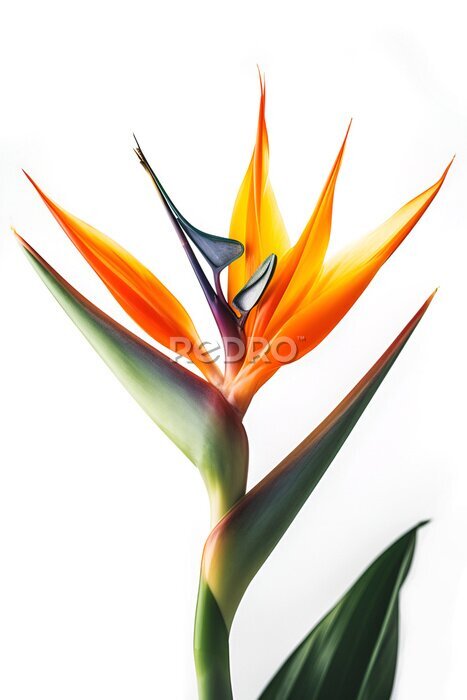 Papier peint  Bouquet of bird of paradise Strelitzia reginae flower plant with leaves isolated on white background. 3D rendering. Flat lay, top view. macro closeup