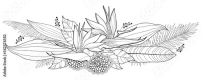 Papier peint  Bouquet of outline tropical Strelitzia reginae or bird of paradise bunch and palm leaf in black isolated on white background. 