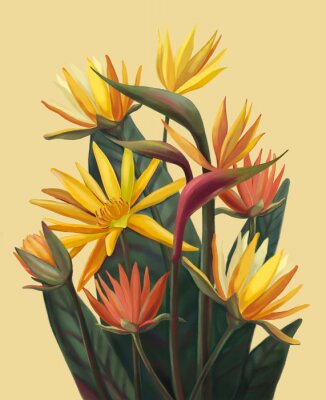 Papier peint  Bouquet of Strelitzia Reginae, bird of paradise flower. Tropical flowers on a yellow background. For collage, poster, t-shirt print.