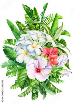 Papier peint  bouquet of tropical leaves and flowers on a white background, Strelitzia palm leaves, hibiscus, quince, plumeria.