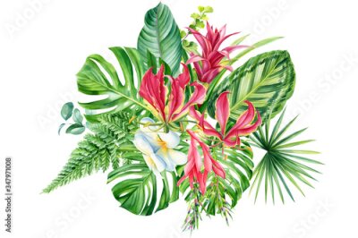 Papier peint  bouquet, tropical plants, palm leaves, monstera, calathea, strelitzia, fern, lilies, bromeliad, hibiscus flowers on white background