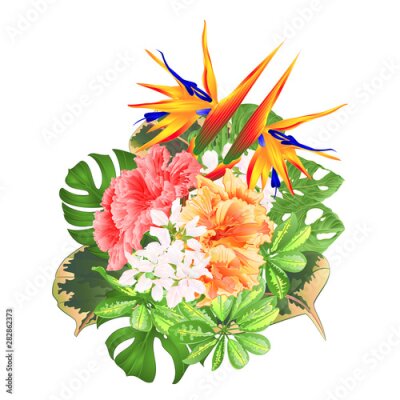 Papier peint  Bouquet with tropical flowers  floral arrangement with  Strelitzia and pink and yellow hibiscus philodendron and Schefflera and Monstera  vintage vector illustration  editable hand draw