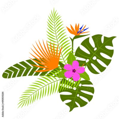 Papier peint  Bouquet with tropical palm and banana leaves, monstera, hibiscus and strelitzia flowers isolated on white - bunch of tropic exotic plants for summer natural design