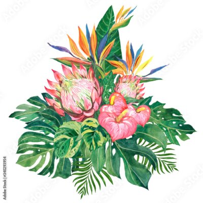 Papier peint  Bouquet with tropical Strelitzia flowers, Calla and Protea, monstera leaves.