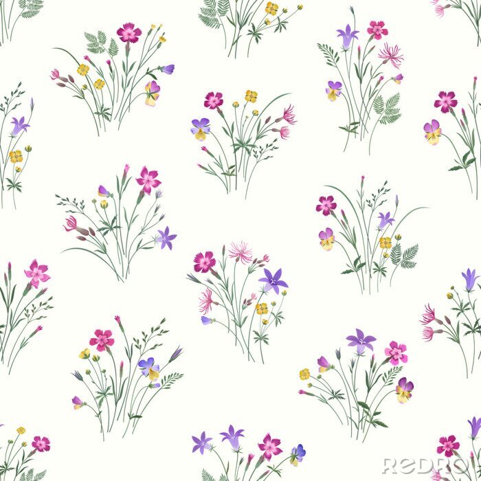 Papier peint  Bouquets de fleurs sauvages sur fond clair