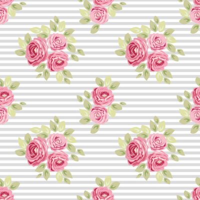 Papier peint à motif  Bouquets de roses de style minable sur fond rayé
