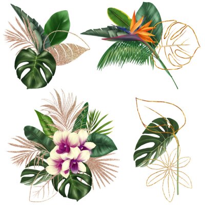 Papier peint  Bouquets of green and golden tropical leaves and bright exotic flowers (orchids and strelitzia), tropical floral clipart, isolated illustration on white background