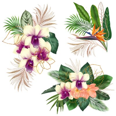 Papier peint  Bouquets of green and golden tropical leaves and bright exotic flowers (orchids, clivia and strelitzia), tropical floral clipart, isolated illustration on white background
