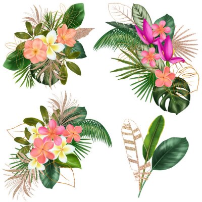 Papier peint  Bouquets of green tropical leaves and bright exotic flowers (plumeria, canna, banana flower and strelitzia), tropical floral clipart, isolated illustration on white background