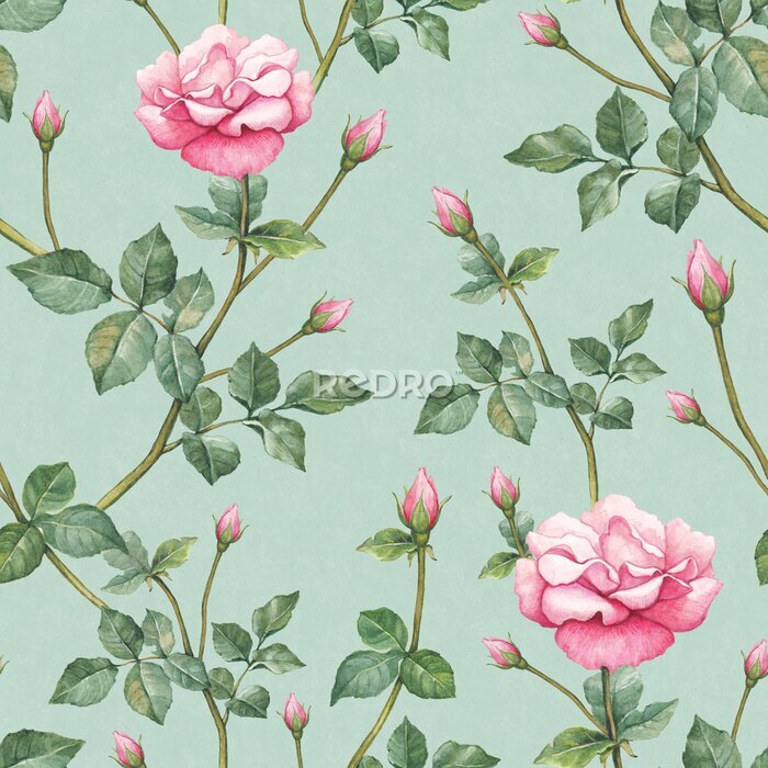 Papier peint  Boutons floraux roses sur fond vert doux