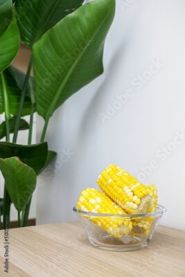 Papier peint  Bowl of corn on the cob (sweet corn, maize) on wooden table against white wall, a Giant White Bird of Paradise plant (Strelitzia nicolai) in the background, organic and healthy eating concept