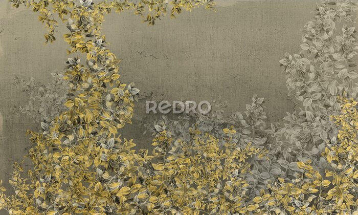 Papier peint  Branches avec des feuilles sur fond en béton