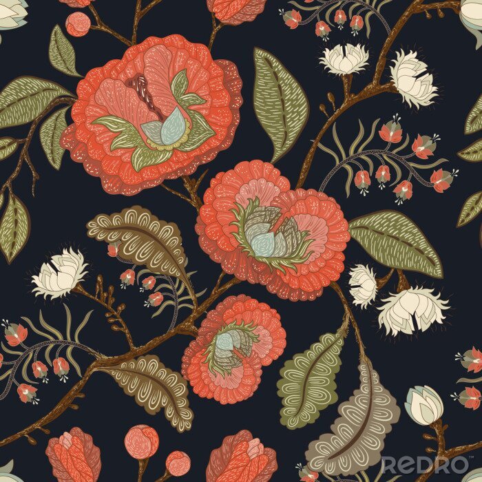 Papier peint  Branches avec des fleurs abstraites sur fond noir