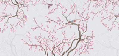 Papier peint  Branches et fleurs de cerisier parmi les oiseaux