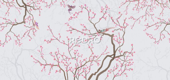 Papier peint  Branches et fleurs de cerisier parmi les oiseaux