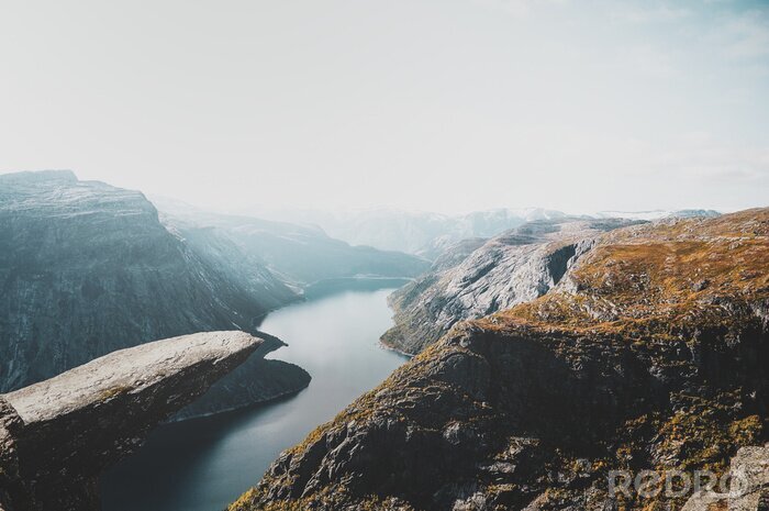 Papier peint  Breathtaking views of Norwegian national park, river and fjords at bright day.