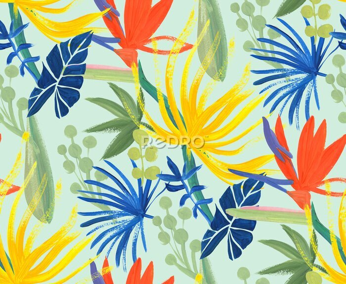 Papier peint  bright floral tropical pattern without seams drawn in gouache with Strelitzia flower for textile and surface design.