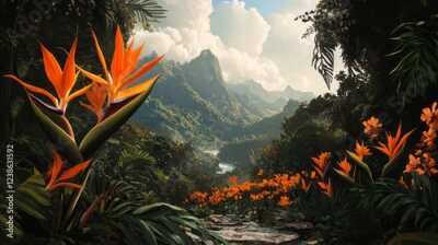 Papier peint  Bright orange strelitzia (bird-of-paradise) flowers against a tropical jungle backdrop