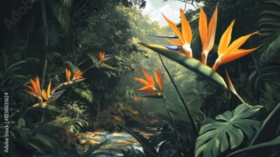 Papier peint  Bright orange strelitzia (bird-of-paradise) flowers against a tropical jungle backdrop