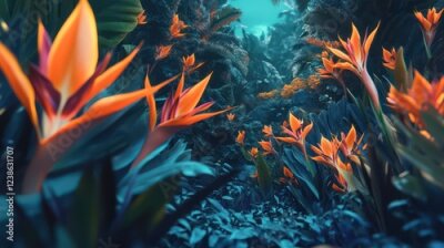 Papier peint  Bright orange strelitzia (bird-of-paradise) flowers against a tropical jungle backdrop