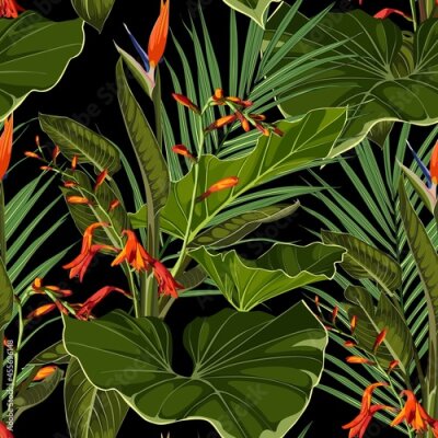 Papier peint  Bright seamless pattern with tropical orange strelitzia flowers and leaves. Realistic style, hand drawn. Background for prints, fabric, invitation cards, wedding decoration, wallpapers. 