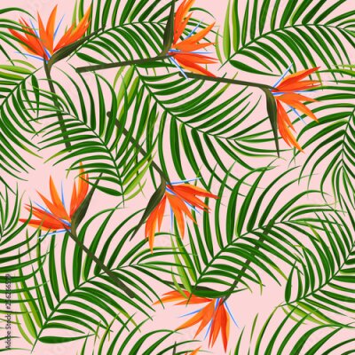 Papier peint  Bright tropical background. Palm leaves and bird of paradise strelitzia seamless pattern.