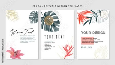 Papier peint  Bright tropical design template. Text area with pink monstera leaves and sun flares.