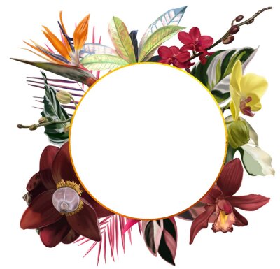 Papier peint  Bright tropical frame. Realistic illustration of tropical flowers: strelitzia, orchids, cymbidium, banana flower and palm leaves
