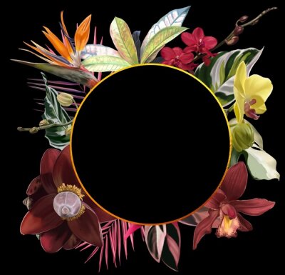 Papier peint  Bright tropical frame. Realistic illustration of tropical flowers: strelitzia, orchids, cymbidium, banana flower and palm leaves