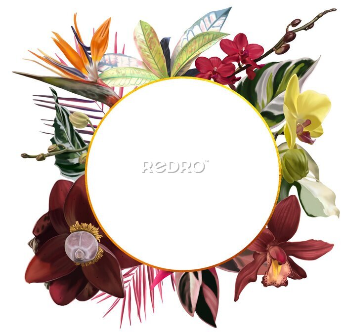 Papier peint  Bright tropical frame. Realistic illustration of tropical flowers: strelitzia, orchids, cymbidium, banana flower and palm leaves