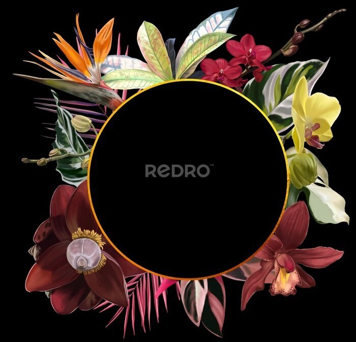 Papier peint  Bright tropical frame. Realistic illustration of tropical flowers: strelitzia, orchids, cymbidium, banana flower and palm leaves