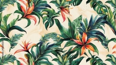 Papier peint  Bright tropical pattern with exotic strelitzia flowers and leaves. Colorful floral elements in artistic and decorative wallpaper design. bird of paradise flower