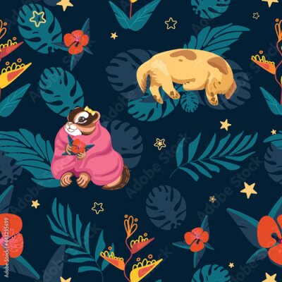 Papier peint  Bright vector seamless tropical baby pattern with animals sleeping puppy chipmunk palm leaves and monstera strelitzia stars on dark background. For nursery, fabric, wallpaper, packaging, background.