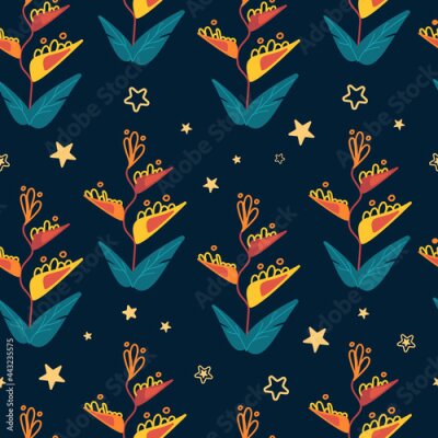 Papier peint  Bright vector seamless tropical pattern with strelitzia flower leaves and stars on a dark background. South night. For printing on fabric, clothing, wallpaper, banner background.
