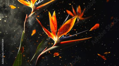 Papier peint  Bright yellow-orange strelitzia flowers float in the air like lights in the night sky. The concept of a holiday card for March 8 with a copy space. Close-up of a spring flower