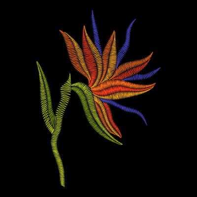 Papier peint  Broderie Bird of Paradise fleurs, Strelitzia tropical. Impression florale ornementale de mode vecteur sur fond noir pour la décoration folklorique traditionnelle en tissu.