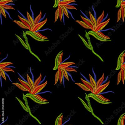 Papier peint  Broderie Bird of Paradise fleurs, tropical Strelitzia seamless pattern. Impression florale ornementale de mode vecteur sur fond noir pour la décoration folklorique traditionnelle en tissu.