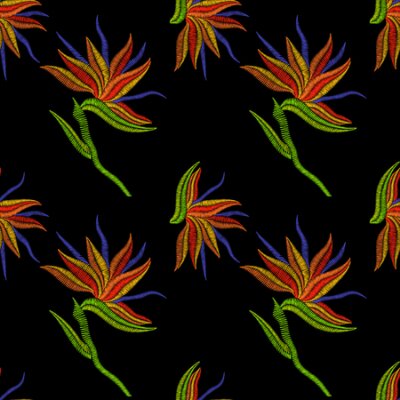 Papier peint  Broderie Bird of Paradise fleurs, tropical Strelitzia seamless pattern. Impression florale ornementale de mode vecteur sur fond noir pour la décoration folklorique traditionnelle en tissu.