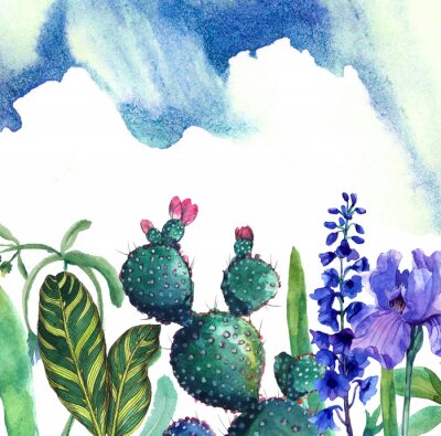 Papier peint  Cactus et fleurs aquarelles
