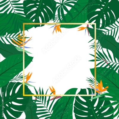 Papier peint  Cadre carré tropical avec feuilles vertes exotiques et fleur de Strelitzia. Modèle d'été avec cadre doré pour la publicité, conception, fête, affiche, print, web. Carte de plante de vecteur.