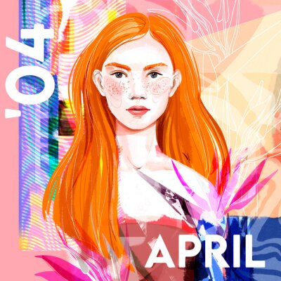 Papier peint  Calendar sheet month of April any year. the girl is beautiful with ginger hair and strelitzia flower on an abstract background