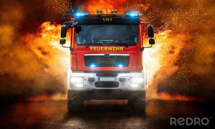 Papier peint  Camion de pompiers sur fond de flammes